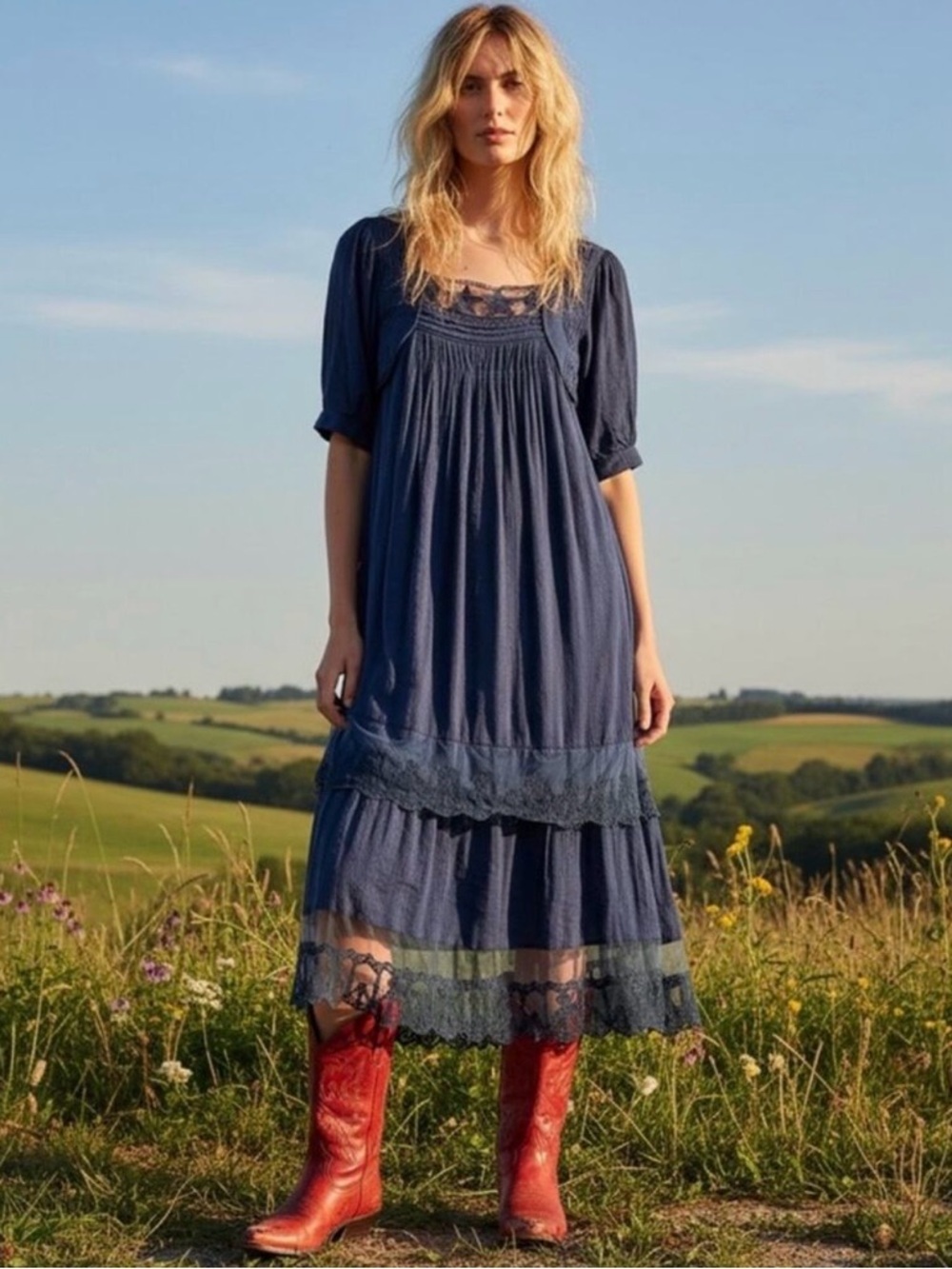 Free People Bohemian Cottage Americana Star Lace Calder Midi Dress Large